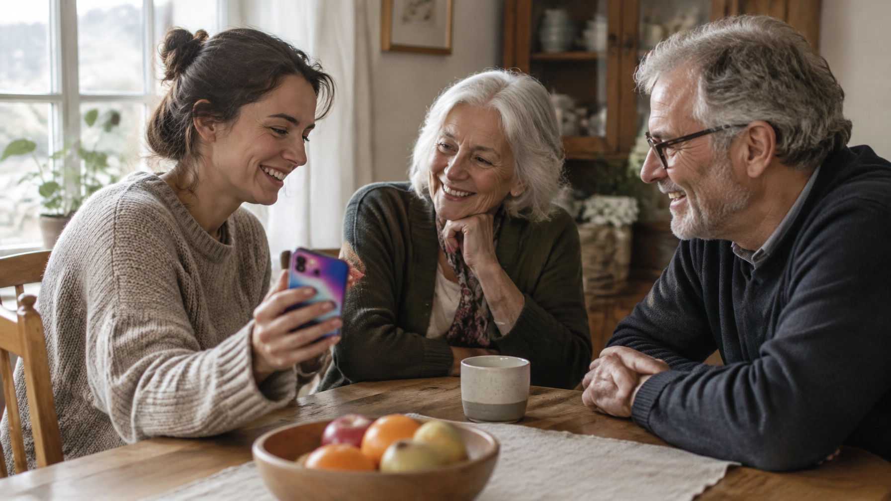 Three generations of one family gathered around a kitchen table in warm daylight, mid-conversation.