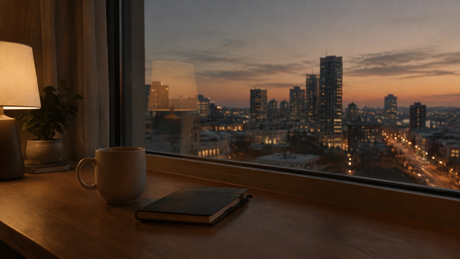 A city skyline at dusk seen through a window, a lamp and a notebook on the sill in the foreground.