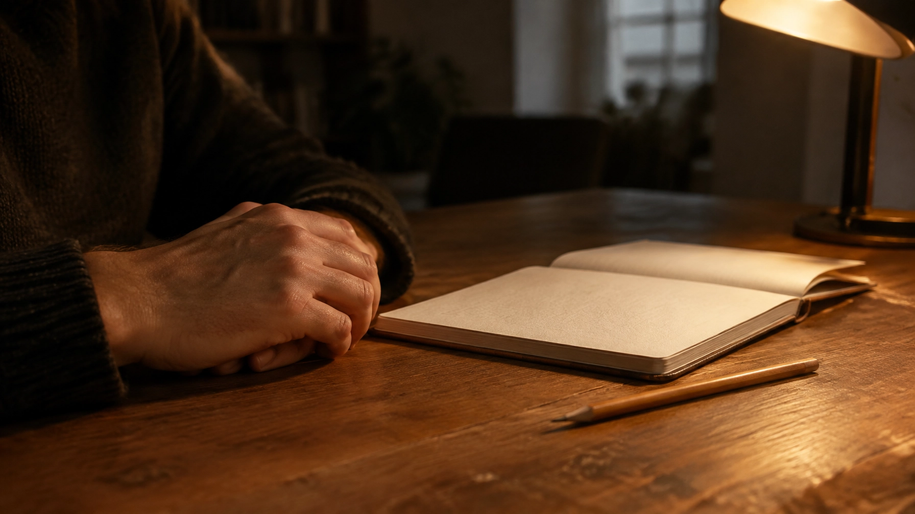 A person's hands resting on a worn wooden table beside an open notebook in warm lamplight.